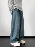 BONSIR  -  Retro Japanese Sle Dstring Loose Waist Denim Jeans for Men High Street Wide Leg Pants Youthful Trendy Long Trousers