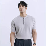 BONSIR  -  New Fashion American Style Men T-shirt Luxury Striped Knitted Henry Collar Tees Casual Solid Color Short Sleeve Breathable Tops