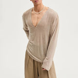 BONSIR  -  Mens T-Shirt V-Neck Thin Shirt Summer Breathable Daily Plain Simple Comfort Personality Long-Sleeve Top Men'S Clothing 2025 New