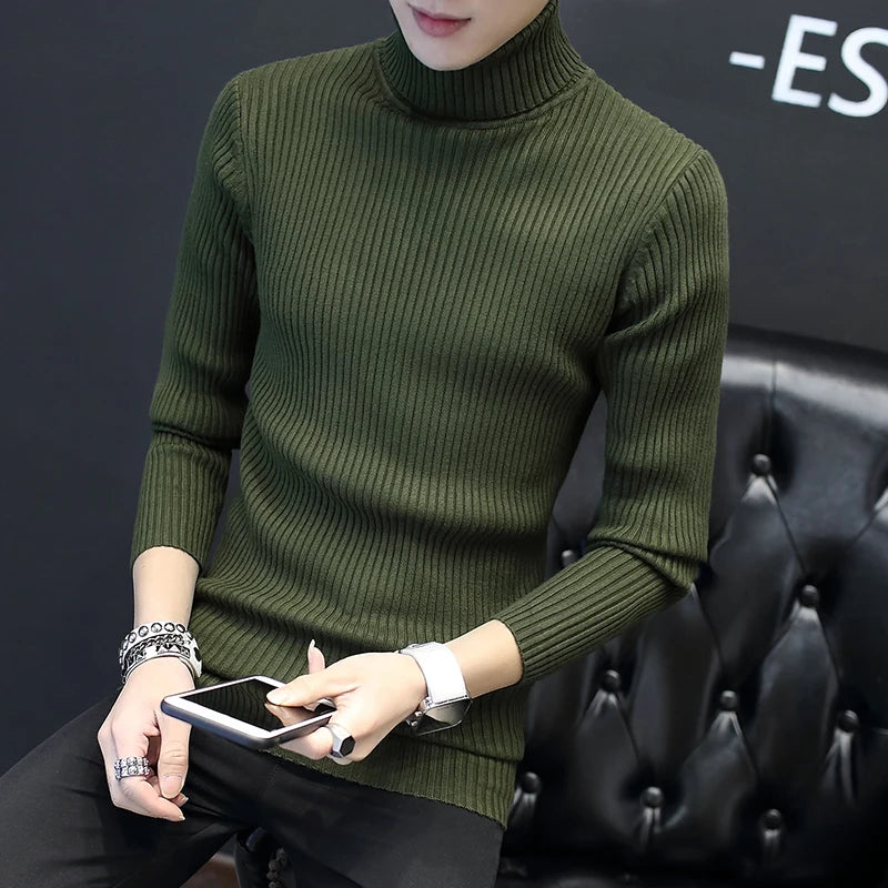 Bonsir Fall/Winter Men's Turtleneck Sweater Fashion Striped Solid Color Warm Knitted Sweater Men Double Collar Slim Fit Sweaters