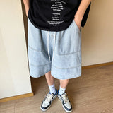 Bonsir Summer New High Street Casual Versatile Denim Capris Elastic Waist Men's Korean Style Loose Wide Leg Large Pocket Shorts