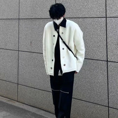 Bonsir American retro cardigan white sweater men's autumn winter casual versatile knitted sweater jacket