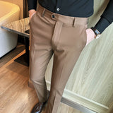 Bonsir Spring Autumn High Waist Smart Casual Dress Pants Men Belt Design Slim Suit Pants Formal Wedding Social Party Mens Trousers