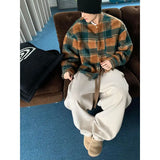 BONSIR  -  Beige woolen pants loose bf lazy style American retro thickened sweatpants men's loose straight wide-leg pants