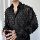 Bonsir Men's Autumn Tassel Feather See-Through Sexy Shirt New Trendy Nightclub Style Loose Lapel Long-Sleeved Simple Solid Shirt