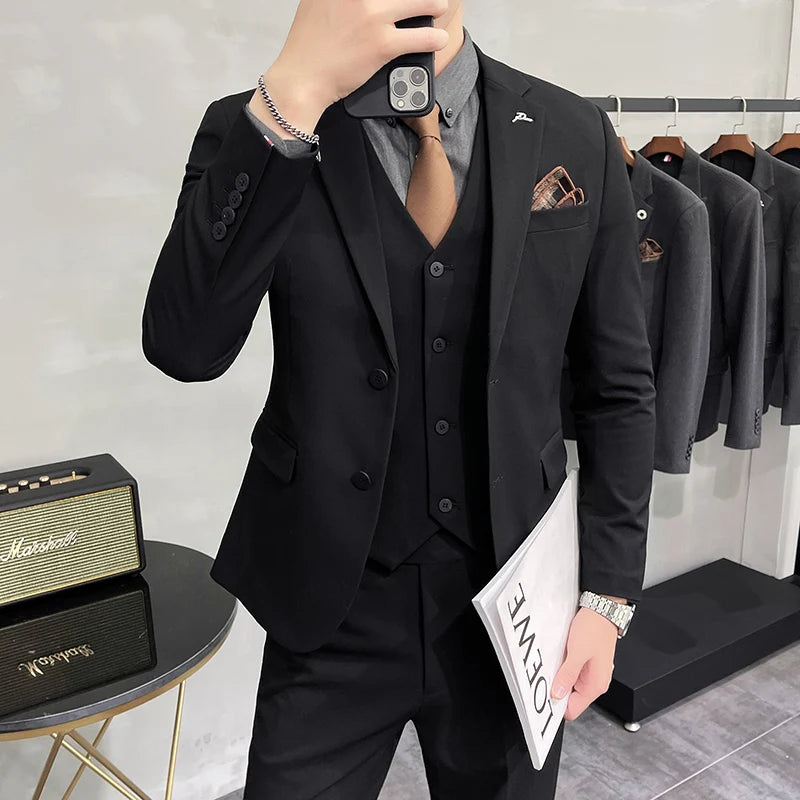 Bonsir Plus Size S-7XL Man Korean Slim Fit Custom Groom Business Casual Tuxedo Blazers Vest Pant Casual Wedding Social Tuxedo Dress