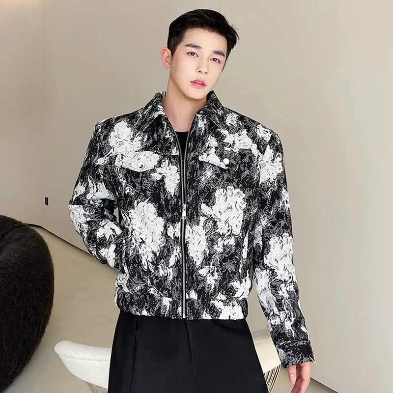 Bonsir Fashion Lapel Printed Elegant Casual Short Jacket Men's 2024 Spring Trendy High Quality Street Korean Luxury Coat