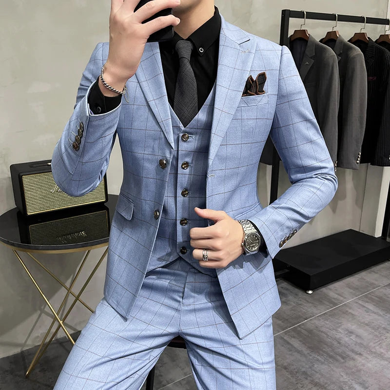 Bonsir (Jacket +Pants+Vest) Luxury Men Groom Wedding Tuxedo Fashion Plaid Slim Fit Suits Casual Business Social Dress 3 Piece Set