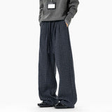 BONSIR  -  Korean Style Men's Casual Pants Wollen Elastic Waist Plaid Design Contrast Color Wide Leg Drawstring Male Bottom 24K5362