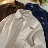 BONSIR  -  New American Retro Men Corduroy Shirts Trendy Lapel Vintage Solid Color Long Sleeve Cardigan Tops Casual Hip Pop Premium Blouse
