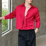 Bonsir Mens Shirt Y2k Glossy Satin Tie Design Shirt Autumn Streetwear Fashion Campus Performance Casual Long Sleeve Tops Men'S Clothing