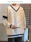 BONSIR  -  Preppy V-neck Sweater for Men Couples Pullovers Ins Knitted Top Autumn Korean Trendy Loose-fit Line Clothes for Students Youth