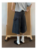 BONSIR  -  Women's Large Retro Loose Wide Leg Denim Shorts Summer Young Girl Casual Bottom Female High Waisted Straight Calf-length Pants