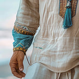 BONSIR  -  Ethnic Mens Linen Shirt Autumn Long Sleeve Male Clothing Fashion Streetwear V-Neck Print Men Blouse Tops Plus Size Causal Shirt