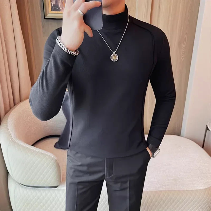 Bonsir Autumn Winter Men Half High Collar Long Sleeve T Shirts High Quality Velvet Solid Color Slim Fit Casual T-Shirt Men Clothing 4XL