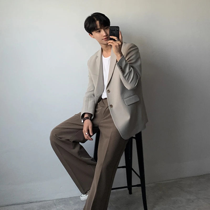 Bonsir Korean Casual Notched Collar Blazers Men Autumn Loose Solid Color Single Breasted Suit Jackets Office Popular Interview Suits