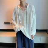 BONSIR  -  Men V-neck Long Sleeve Knit Shirts Loose Elastic Hollow knit Sweater T-shirt Slightly Transparent Knitted Sweaters Streetwear