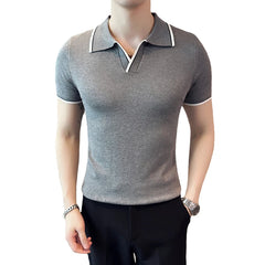 Bonsir Summer New Slim Fit Polo Shirts Mens Short Sleeve Solid Color Knitted V Neck Breathable Casual Polos 3XL-M