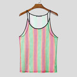 BONSIR  -  Men Tank Tops Striped Colorful See Through Mesh Male Vests Summer Sexy O-neck Sleeveless Fashion Men Clothing Tops 2025