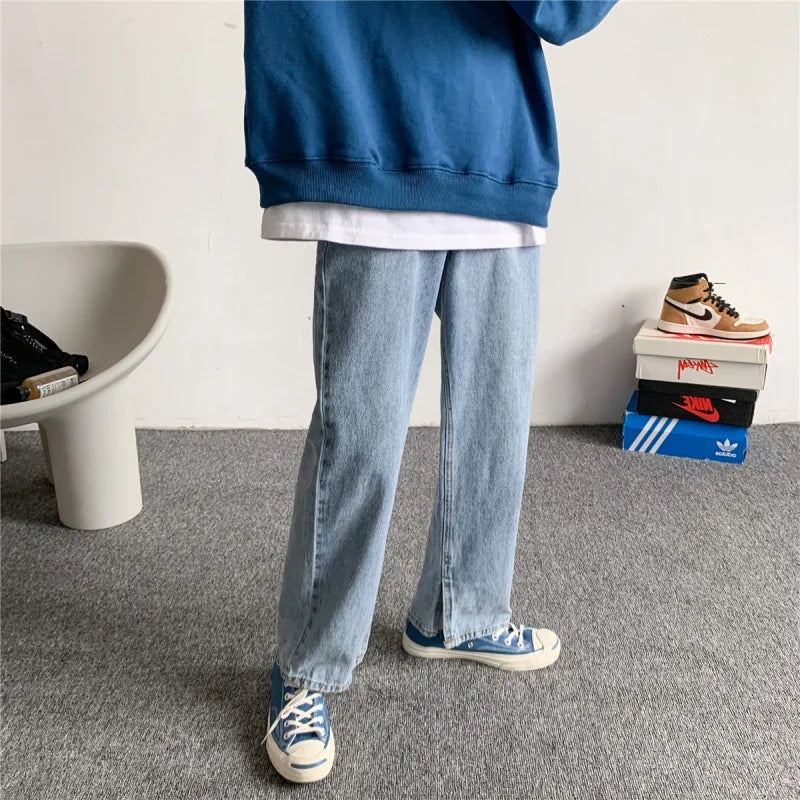 Bonsir Blue Jeans Men Loose Straight Leg Split Pants Spring New Casual Streetwear Pants Korean Kpop Clothes Simple All-match Trousers