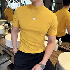 Bonsir Autumn Winter Men's Half High Neck Short Sleeve T-shirt Korean Slim Fit Solid Color Bottom Shirt Casual Cotton Elastic T-shirts