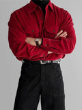 BONSIR  -  Burgundy thin corduroy shirt men's flip double patch pocket high-end mature long-sleeved red shirt men Autumn clothes