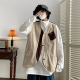 BONSIR  -  Japanese Vintage Men Work Vest Spring Autumn Loose Korean Edition Sleeveless Coat Contrast Spliced Male Clothing