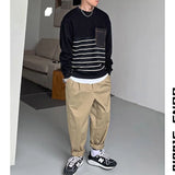 Bonsir Spring and Autumn Men's Fashion Simple Round Neck Spliced Stripe Long Sleeve Loose Casual Thin Versatile Sweater T-shirt