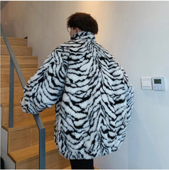 Bonsir Men Winter Faux Fur Furry Coat Loose Male Leopard Print Tiger Stripe Jacket Oversize Boys Harajuku Outerwear Xxxl Windbreaker