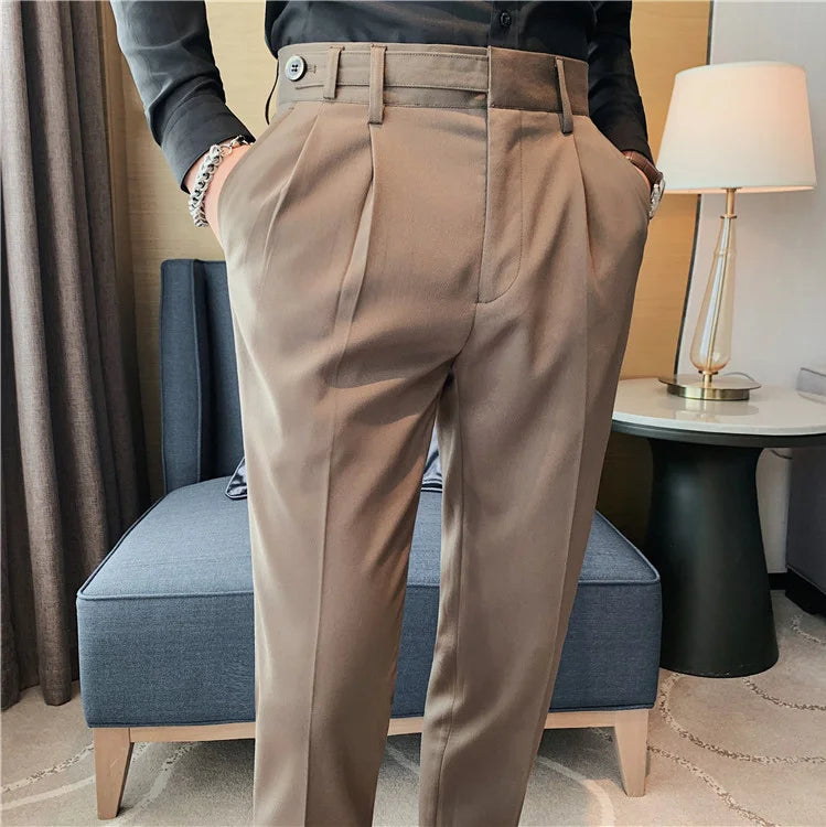 Bonsir Autumn Winter High Quality Solid Casual Pants Men Belt Design Slim Fit Trousers Formal Office Business Social Party Suit Pants