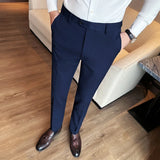 Bonsir Spring Autumn High Waist Smart Casual Dress Pants Men Belt Design Slim Suit Pants Formal Wedding Social Party Mens Trousers