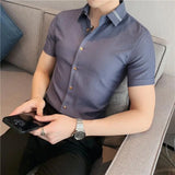 Bonsir Summer High Quality Striped Ribbon Short Sleeve Shirt Men's Slim Fit Business Formal Wear Blouse Streetwear Plus Size 4XL-M