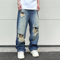 Bonsir Hip Hop Washed Knee Hole Baggy Wide Leg Casual Jeans for Men Y2K Ripped Loose Distressed Denim Trousers Oversized Cargo Pants