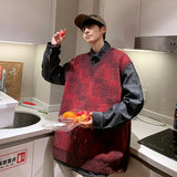 BONSIR  -  Sweater Vest Men Autumn V-neck Japanese Vintage Plaid College Knitted Fashion Loose All-match Ins Sleeveless Pullover Clothing