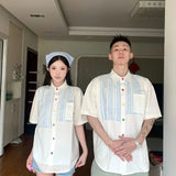BONSIR  -  Solid Striped Men's Short Sleeved Shirt Summer Colored Button Design Male Blouse Korean Casual Loose and Versatile Top