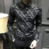 Bonsir Korean Fashion Spring Autumn Shirts Men Clothing Lapel Plaid Single Breasted Smart Casual Office Social Long Sleeve Slim Tops