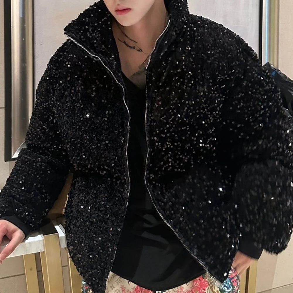 Bonsir Mens sequin casual jacket genderless 2024 new autumn winter fashion personality street trend youth thickened jacket unisex