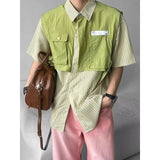 BONSIR  -  Fake Two Pieces Summer New Men's Turn-down Collar Button Spliced Pockets Striped Letter Shirt Short Sleeve Trendy Loose Tops