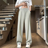 BONSIR  -  Summer Fashion Thin Ice Silk Loose Straight Pants Men Solid Elastic Waist Drawstring Pocket Casual Ventilate Wide Leg Trousers