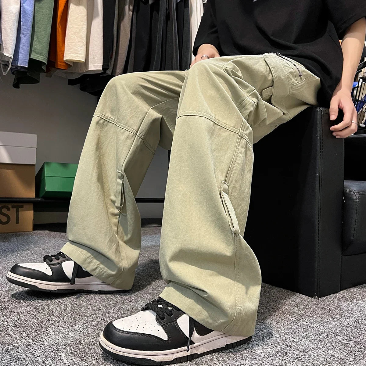 Bonsir Mens Cargo Pants Baggy Hip Hop Casual Elastic Waist Muti Pockets Streetwear Trousers