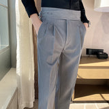 Bonsir British Style Men High Waist Casual Dress Pant Men Belt Design Slim Trousers Formal Office Social Wedding Party Dress Suit Pants