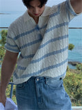 BONSIR  -  Men Fashion Stripe Lapel T-Shirt Short Sleeve Comfort Knitted Polo Shirt High Quality Coarse Fried Dough Twists Design Top