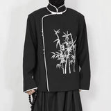 Bonsir Chinese Style Dark Embroidered Long-Sleeved Tops For Men In Autumn  Fashion Trend Stand-Up Collar Design Hanfu Casual Suit Tops