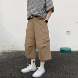 BONSIR  -  Summer Cotton Casual Pants Men Retro Cargo Pants Men Japanese Streetwear Hip-hop Loose Wide Leg Pants Men Cropped Trousers