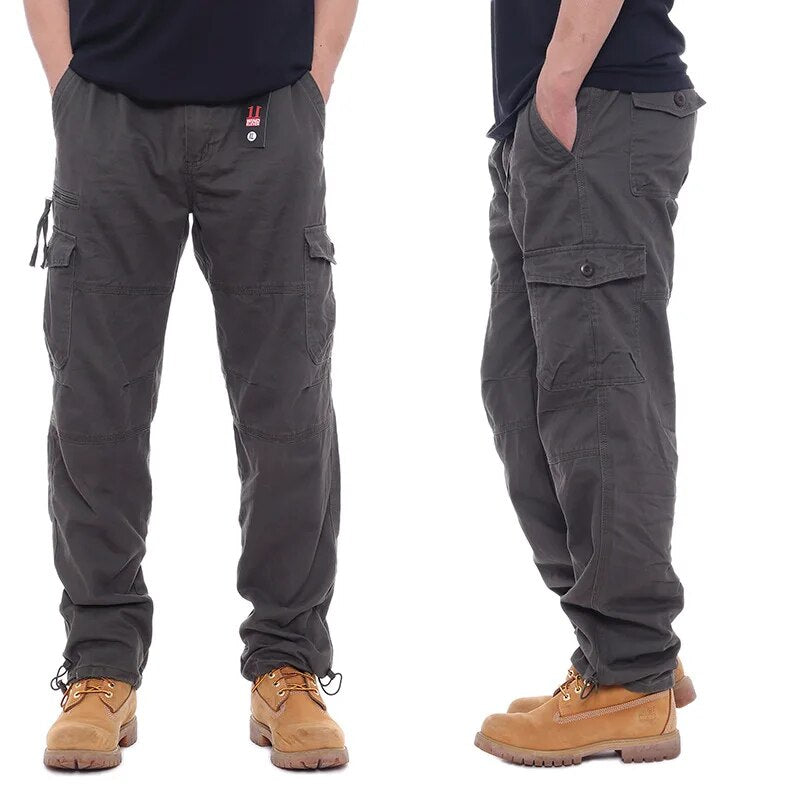 Bonsir Cargo Brown Pants Men Loose Overalls Men's Outdoor Military Tactical Pant Elastic Waist Pure Cotton Casual Work Pants Trousers