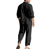 BONSIR  -  Summer Casual Mens Linen Two Piece Suits Leisure Breathable Long Sleeve Shirt And Trousers Men Outfits Fashion Solid Color Sets
