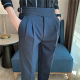 Bonsir British Style Men High Waist Casual Dress Pant Men Belt Design Slim Trousers Formal Office Social Wedding Party Dress Suit Pants
