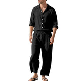 BONSIR  -  Summer Casual Mens Linen Two Piece Suits Leisure Breathable Long Sleeve Shirt And Trousers Men Outfits Fashion Solid Color Sets