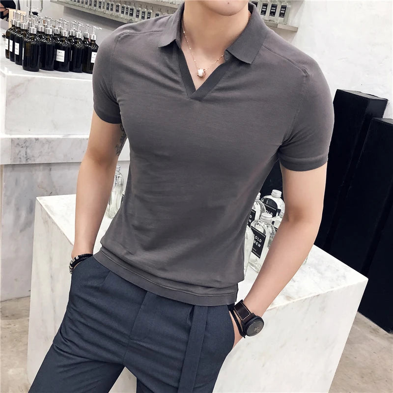 Bonsir Summer New V-neck Breathable Polo Shirt Men Clothing Fashion Short Sleeved Slim Fit  Solid Color Tee Tops Streetwear 4XL-M