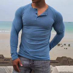 BONSIR  -  Male Fashion Crew Neck Buttoned Top Spring Autumn Long Sleeve Basic Pullover Men Clothing Simple Solid Color Skinny t Shirts